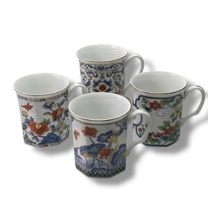 Japanese Vintage Set of 4 Octagon Shaped Gold Trim Coffee Tea Cups Floral 3.5"